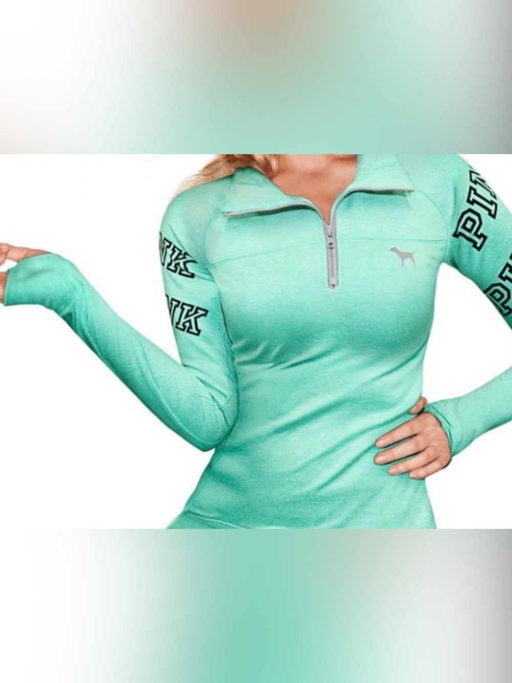 Victoria’s Secret PINK SZ S Teal Green 1/4 Zip Pullover Sweatshirt Thumb Holes